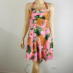 Emerald Sundae Halter Padded Tropical Floral Pineapples Skater Dress Juniors L